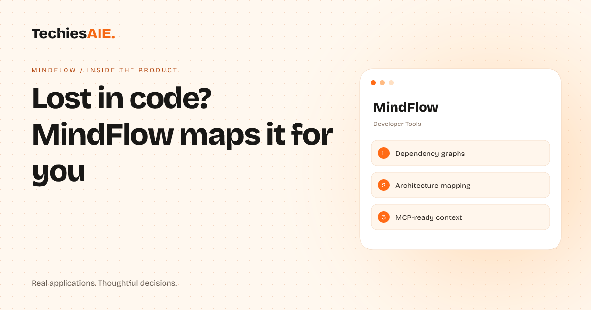 TechiesAIE Inside MindFlow: How a Mumbai logistics team stops losing hours to tangled code chaos. Concept illustration for MindFlow.