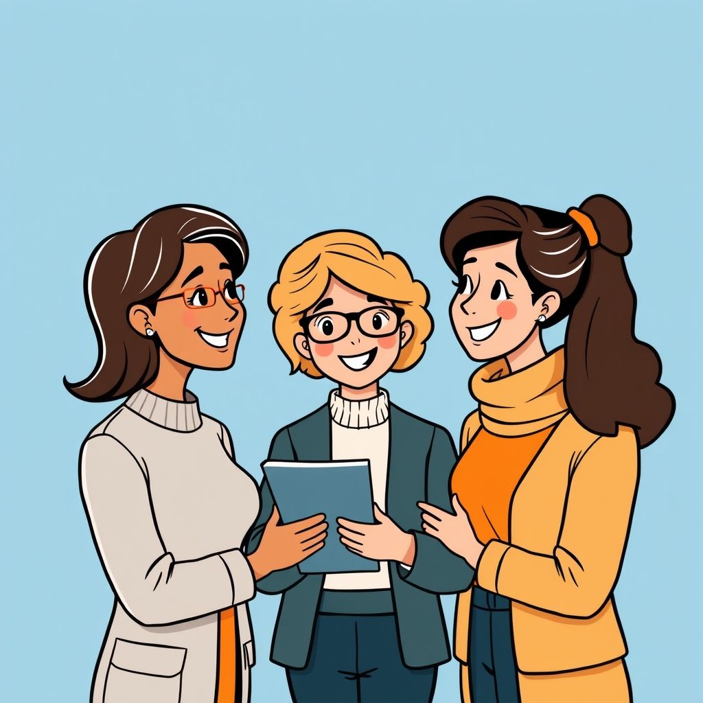 Cartoon illustration of people working together in a business setting