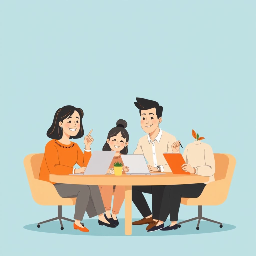 Cartoon illustration of people working together in a business setting