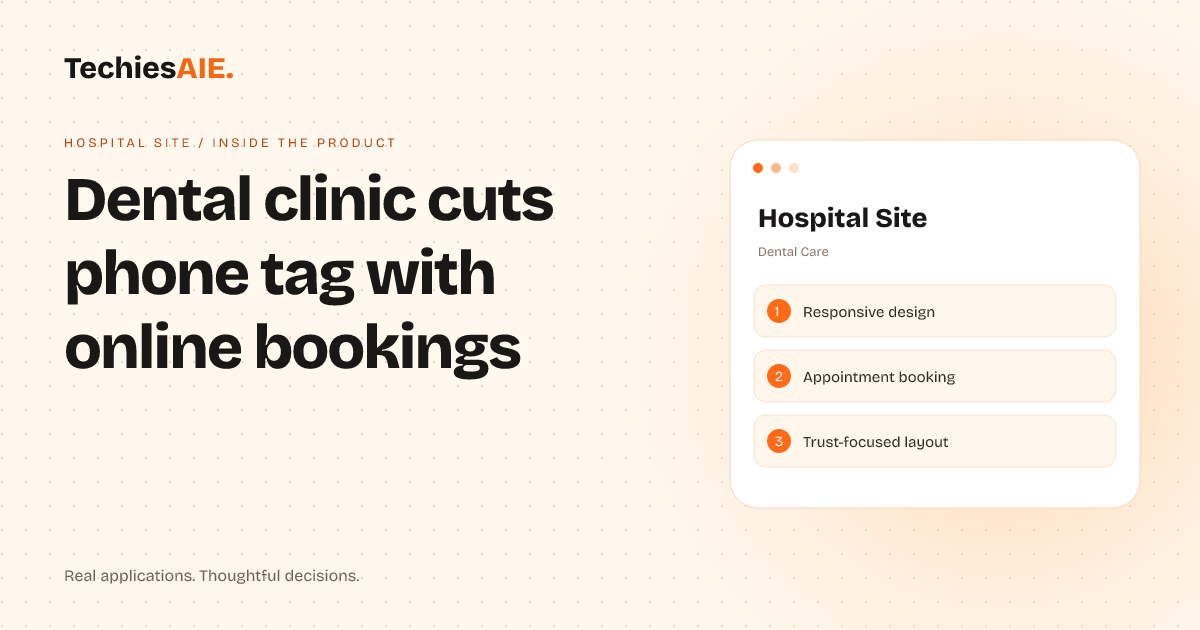 TechiesAIE Inside Hospital Site: How a dental clinic stopped losing patients to phone tag and paperwork. Concept illustration for Hospital Site.