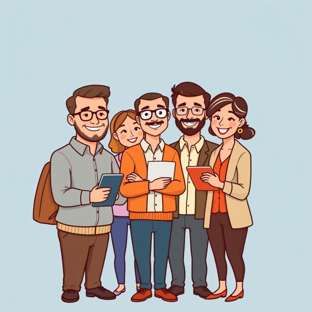 Cartoon illustration of people working together in a business setting