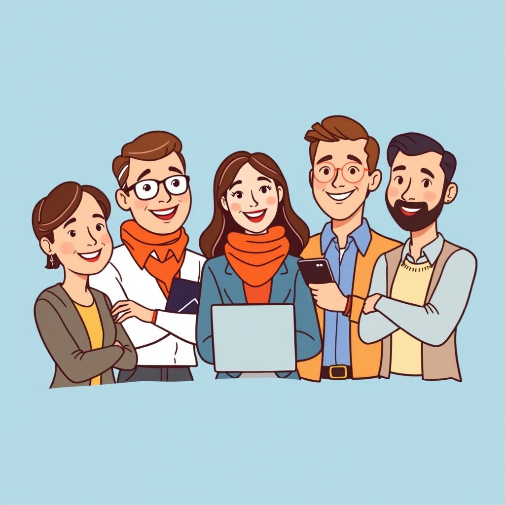 Cartoon illustration of people working together in a business setting