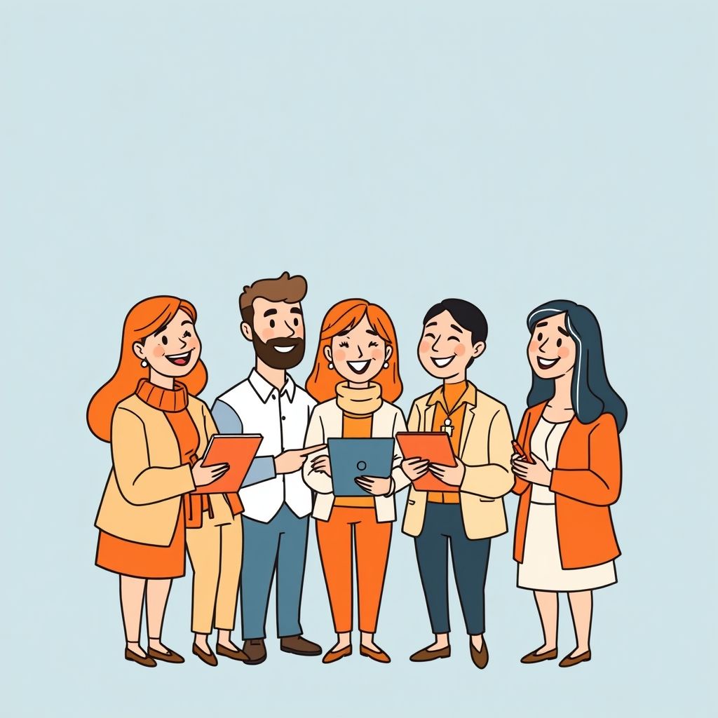 Cartoon illustration of people working together in a business setting