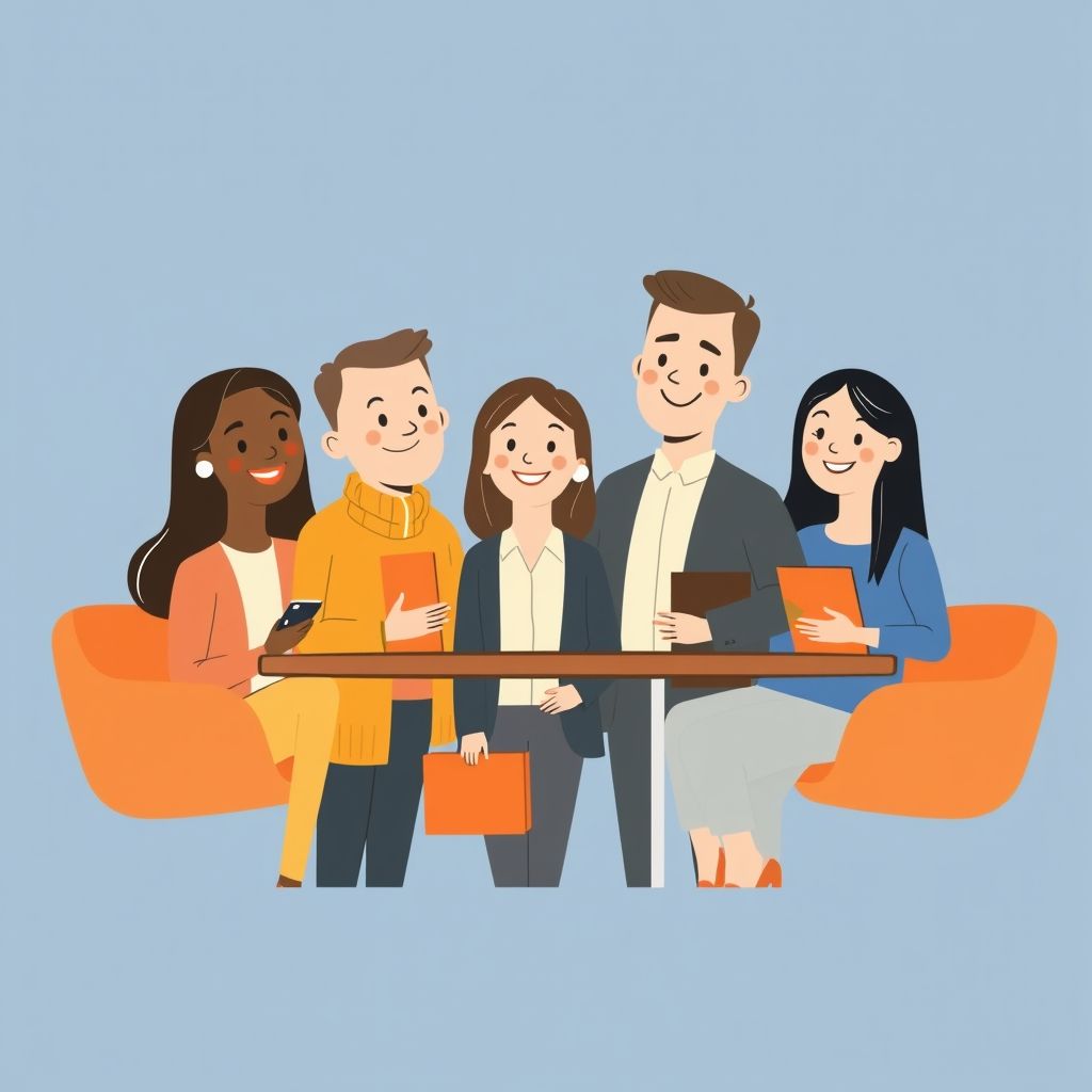 Cartoon illustration of people working together in a business setting