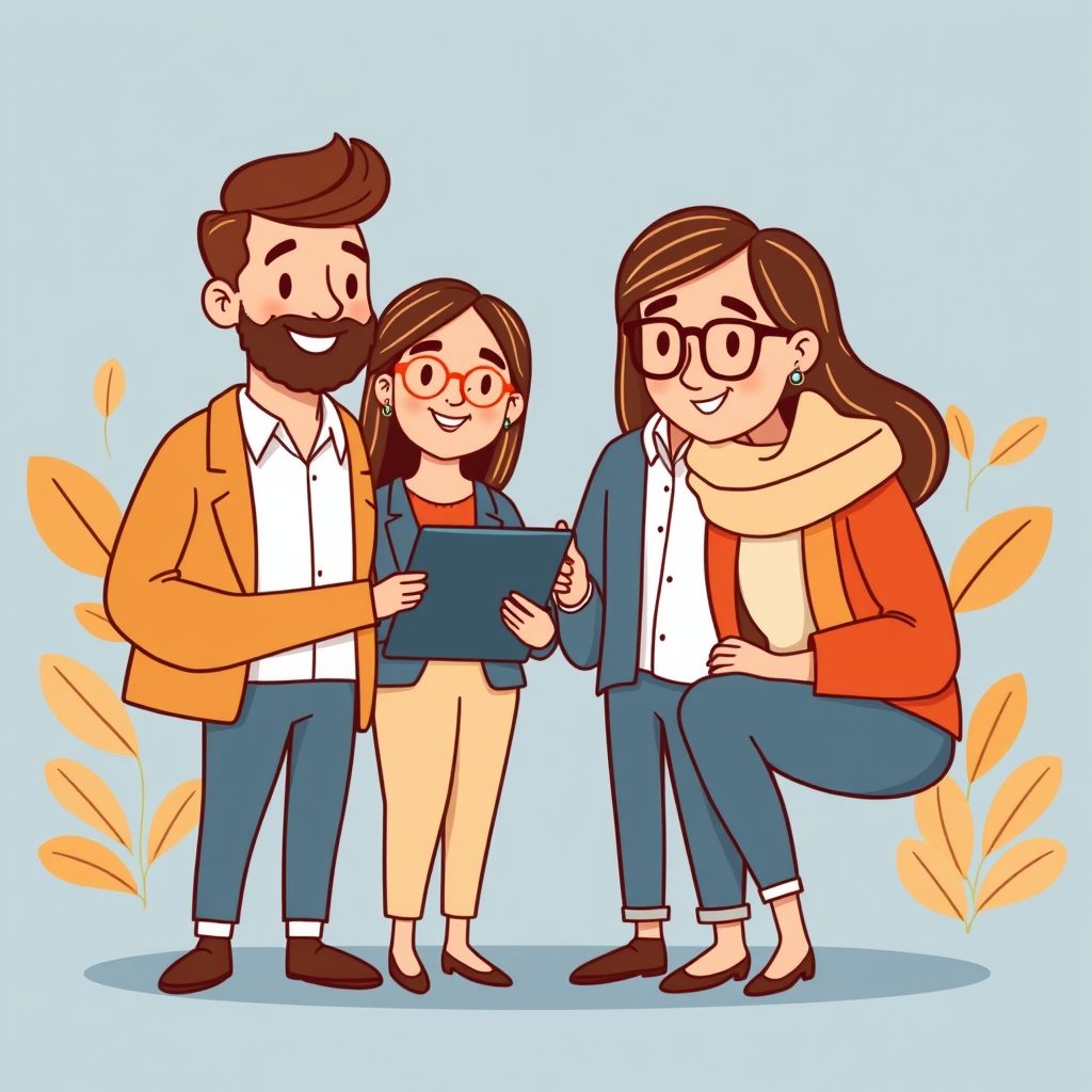 Cartoon illustration of people working together in a business setting