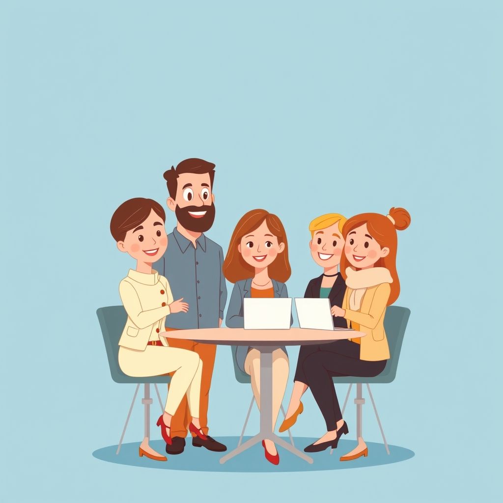 Cartoon illustration of people working together in a business setting