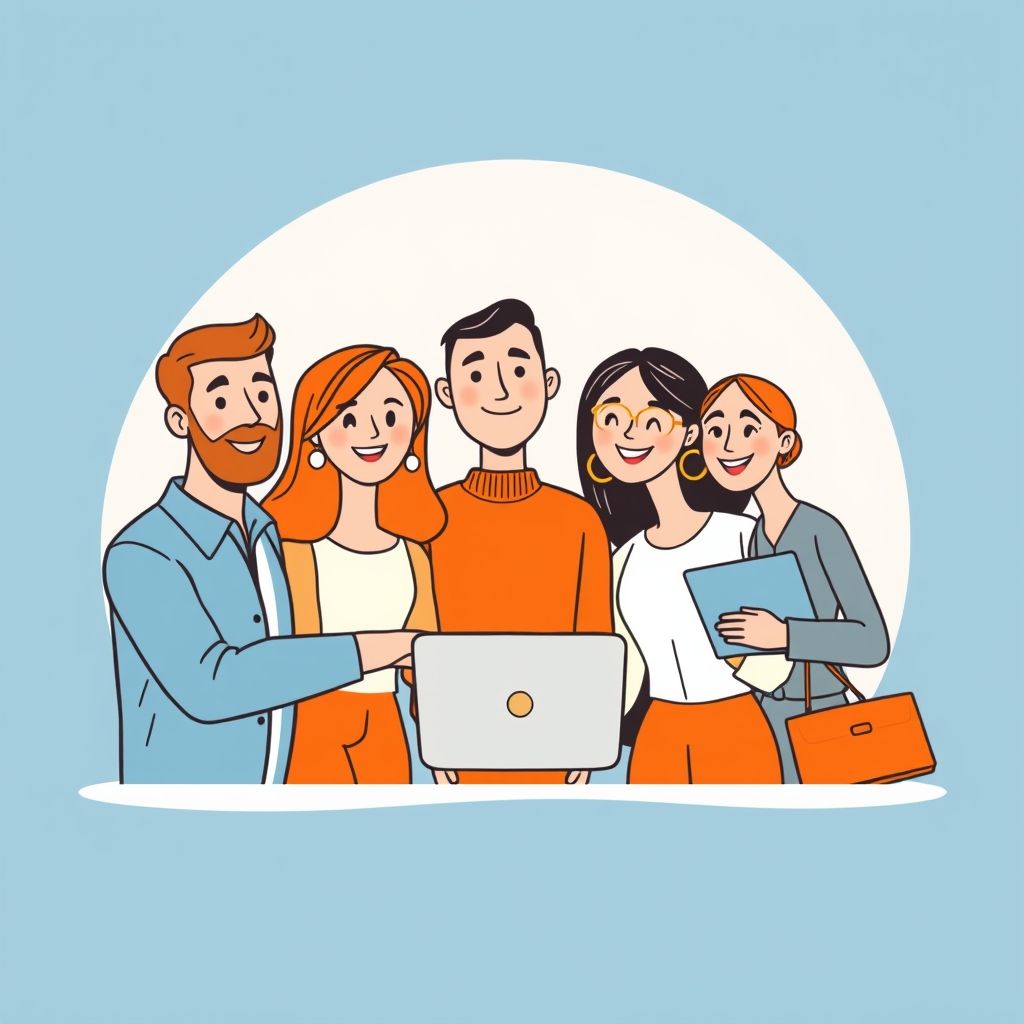 Cartoon illustration of people working together in a business setting