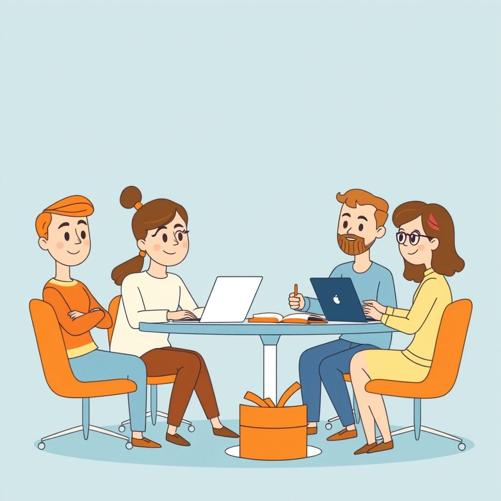 Cartoon illustration of people working together in a business setting