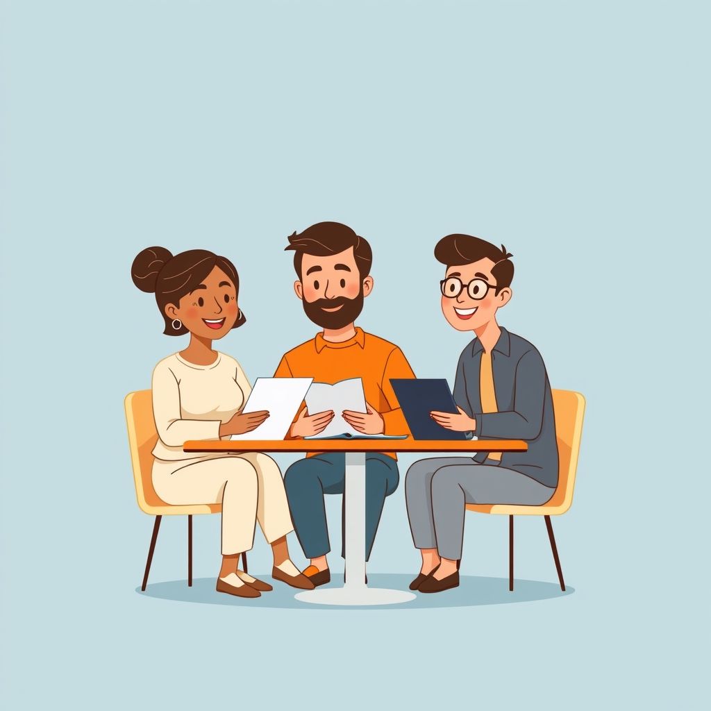 Cartoon illustration of people working together in a business setting