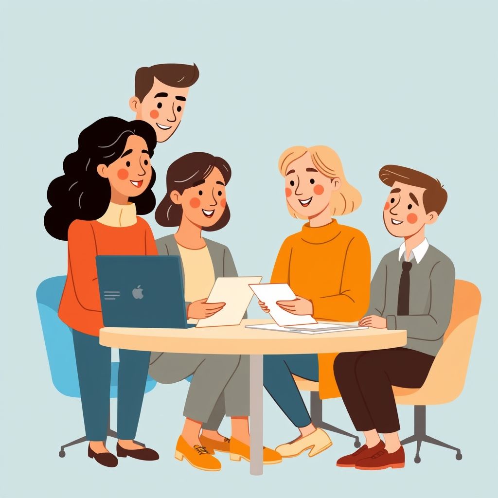 Cartoon illustration of people working together in a business setting