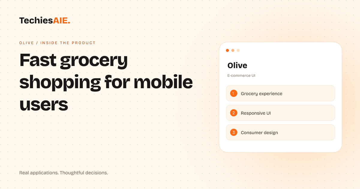 TechiesAIE Inside Olive: How a grocery store owner stopped losing sales to slow, confusing online shopping. Concept illustration for Olive.