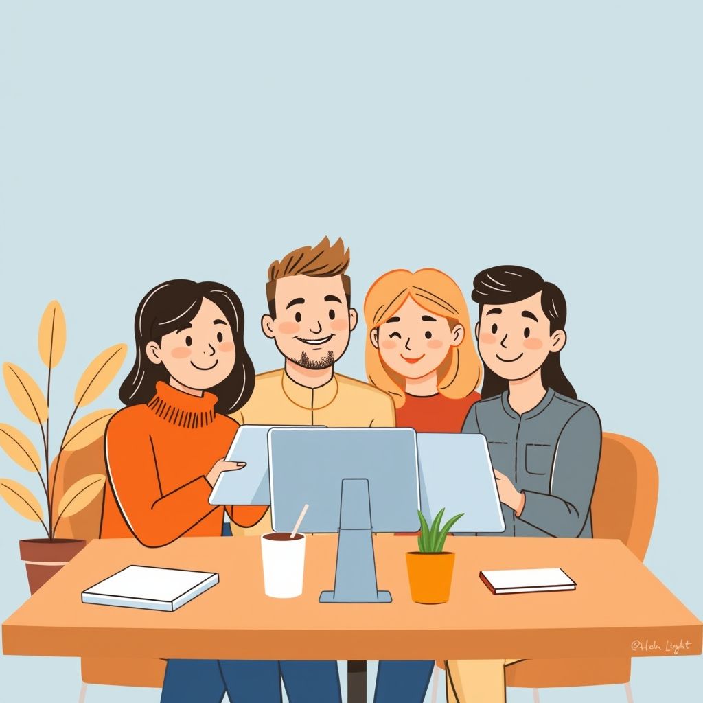 Cartoon illustration of people working together in a business setting