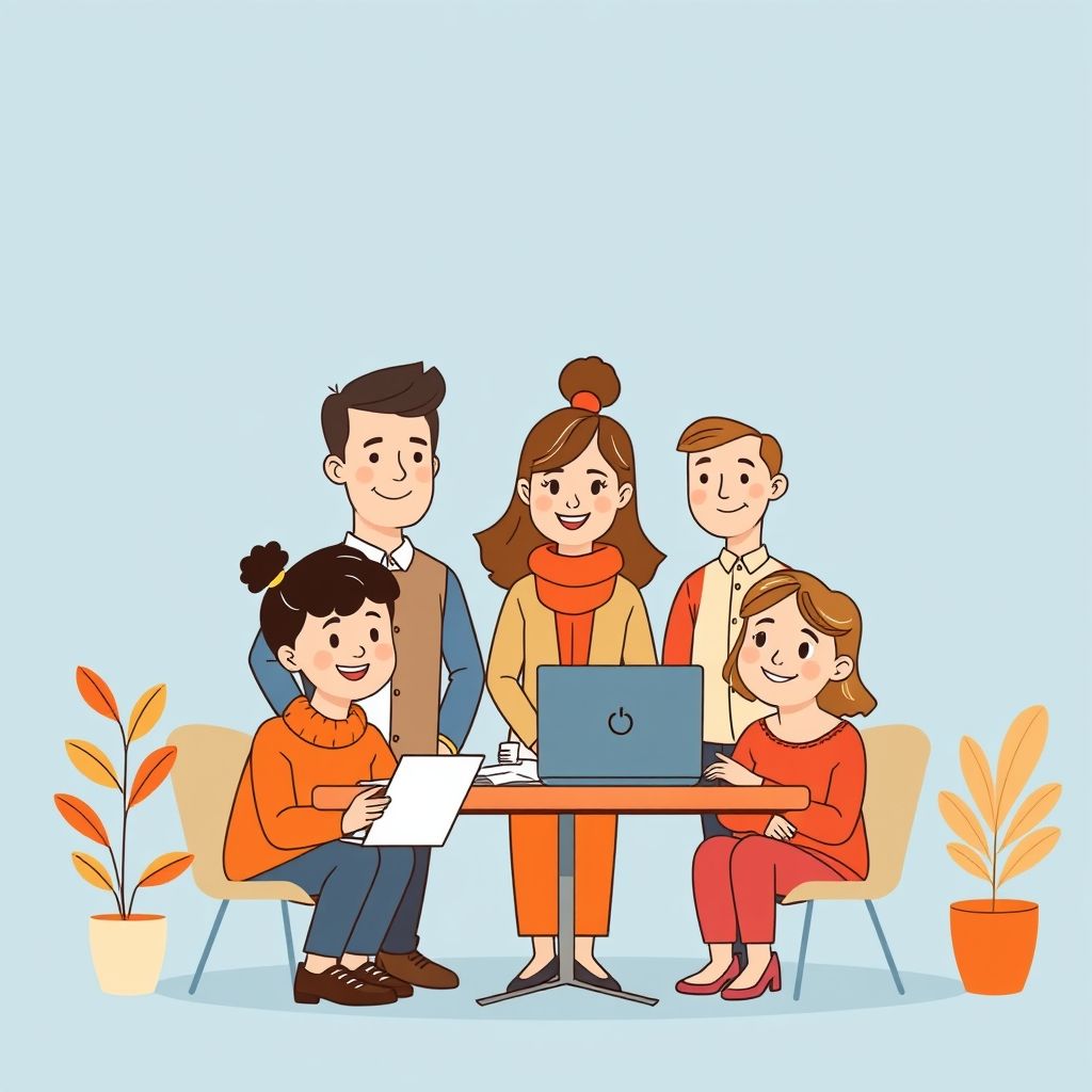 Cartoon illustration of people working together in a business setting