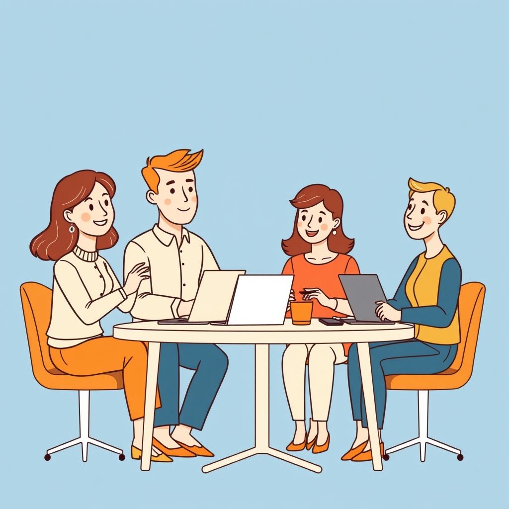 Cartoon illustration of people working together in a business setting