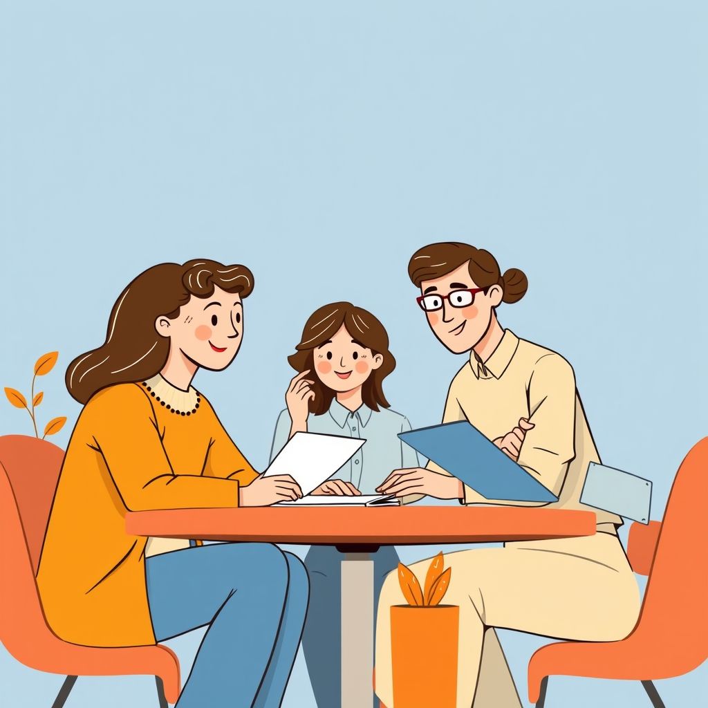 Cartoon illustration of people working together in a business setting