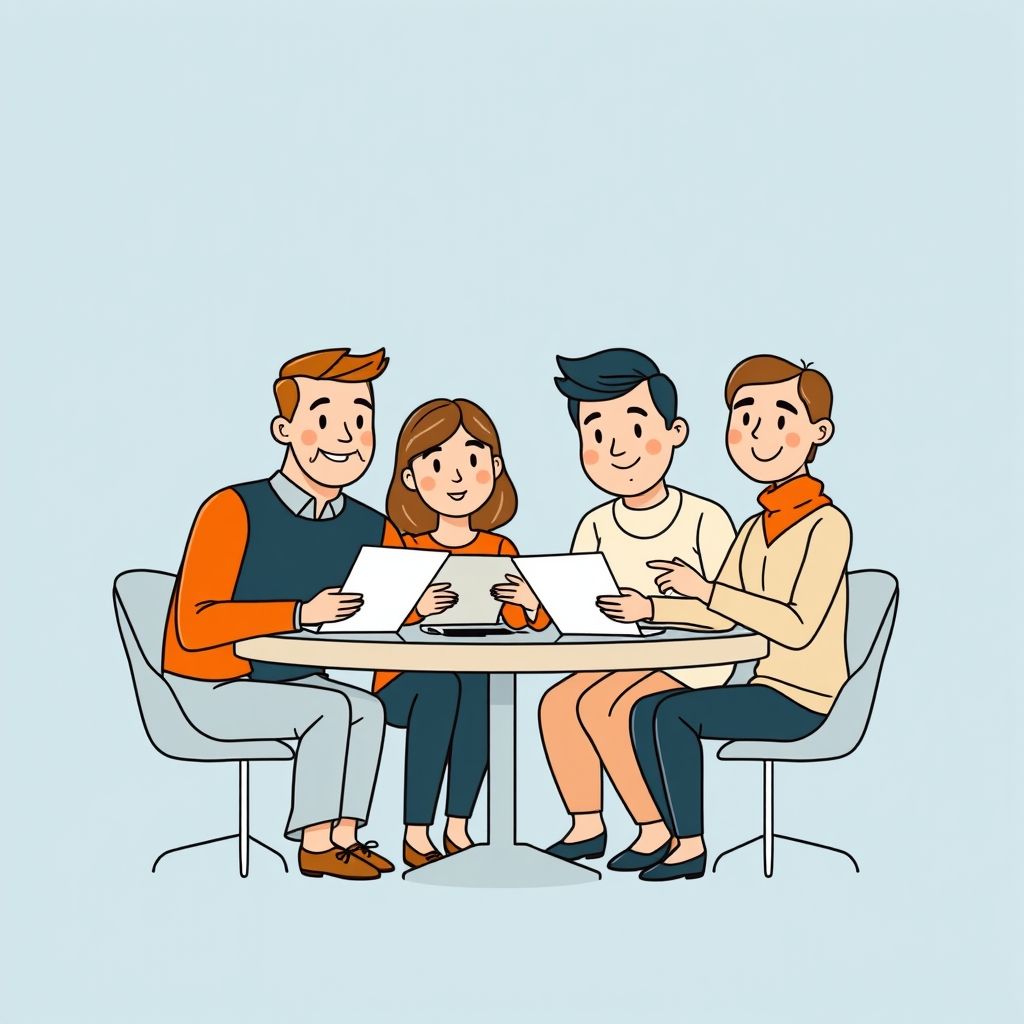 Cartoon illustration of people working together in a business setting