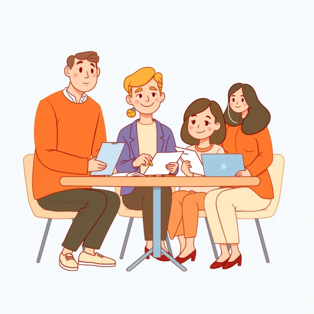 Cartoon illustration of people working together in a business setting