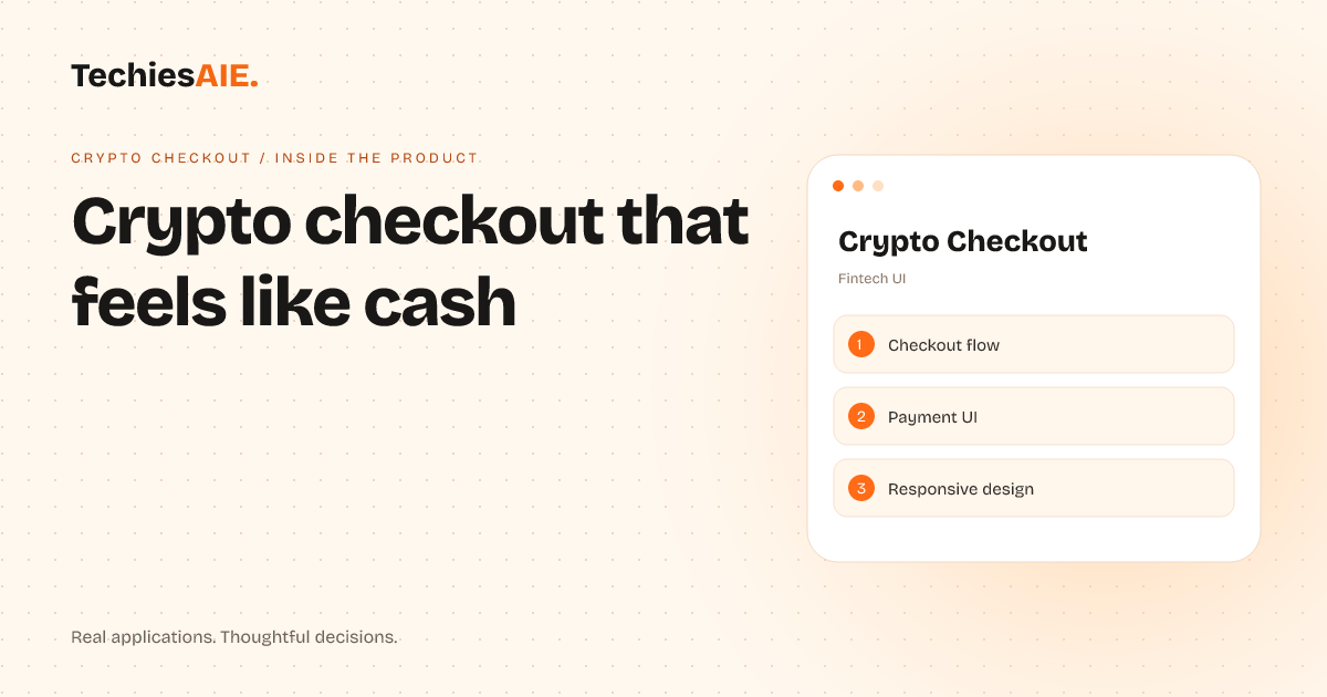 TechiesAIE Inside Crypto Checkout: How a Lagos trader stops losing sales to confusing crypto checkout steps. Concept illustration for Crypto Checkout.