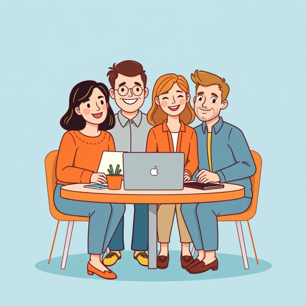 Cartoon illustration of people working together in a business setting
