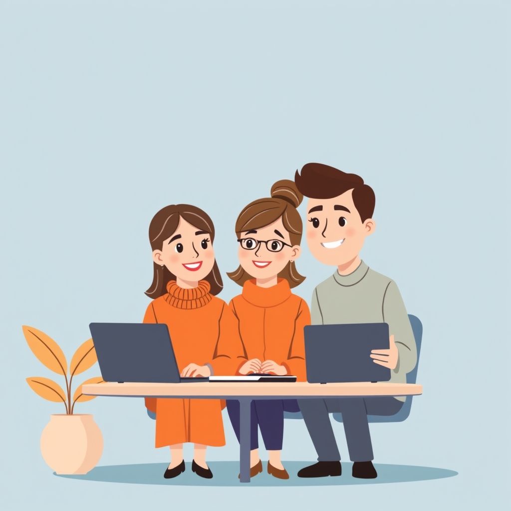 Cartoon illustration of people working together in a business setting