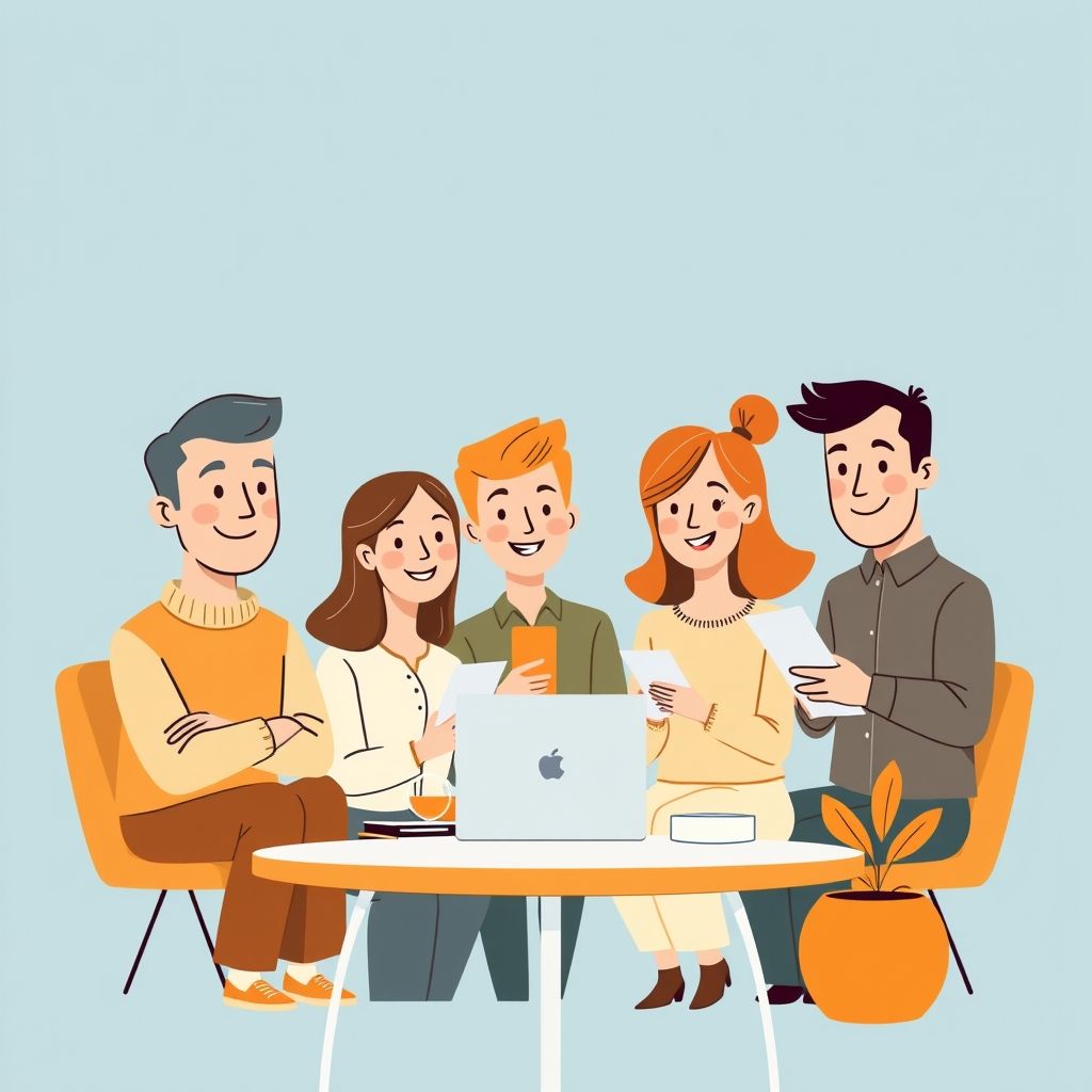 Cartoon illustration of people working together in a business setting