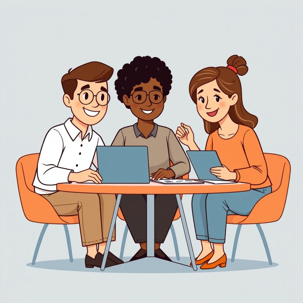 Cartoon illustration of people working together in a business setting