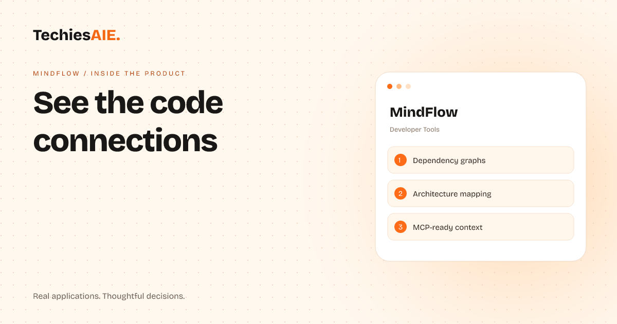TechiesAIE built MindFlow to map messy codebases—so you can find what you need without getting lost. Concept illustration for MindFlow.
