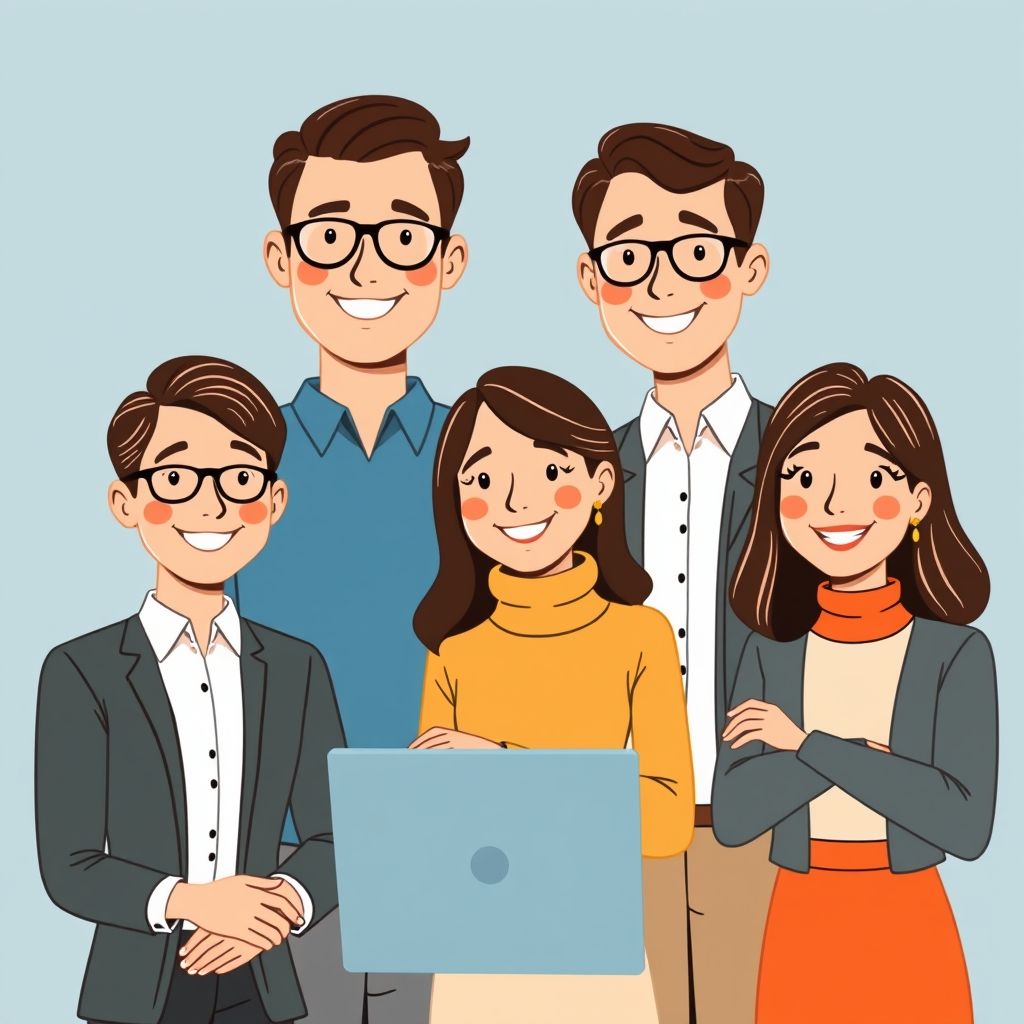 Cartoon illustration of people working together in a business setting