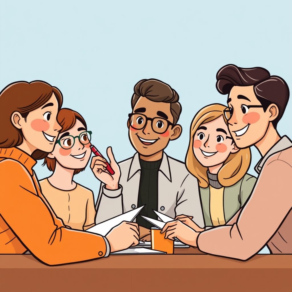 Cartoon illustration of people working together in a business setting