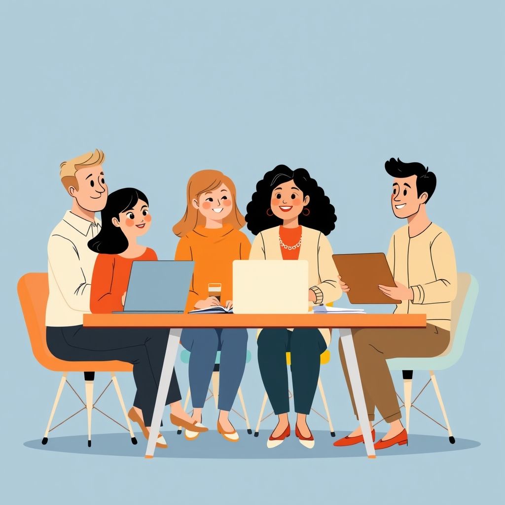Cartoon illustration of people working together in a business setting