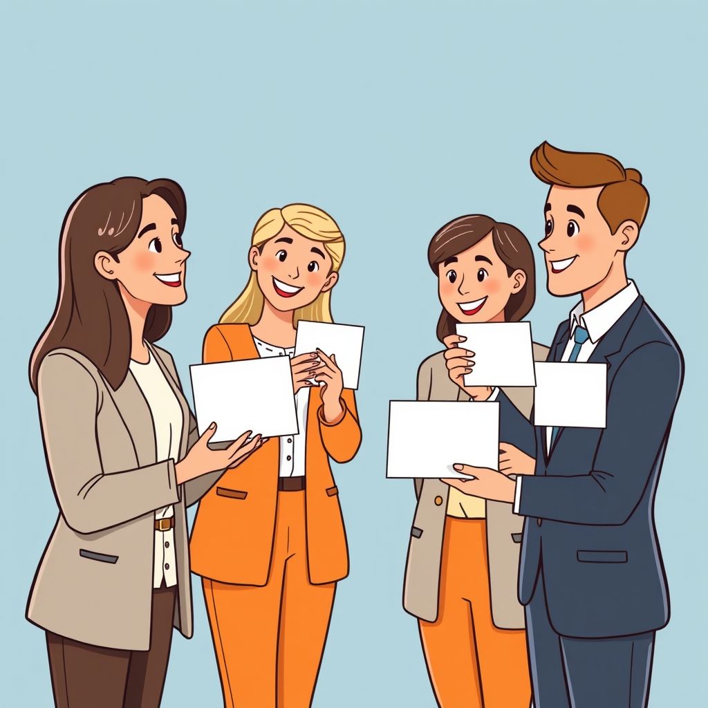 Cartoon illustration of people working together in a business setting