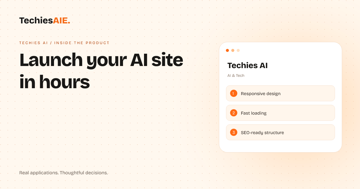 TechiesAIE built Techies AI to help AI startups and SaaS teams launch a fast, professional landing page without custom design delays. Concept illustration for Techies AI.