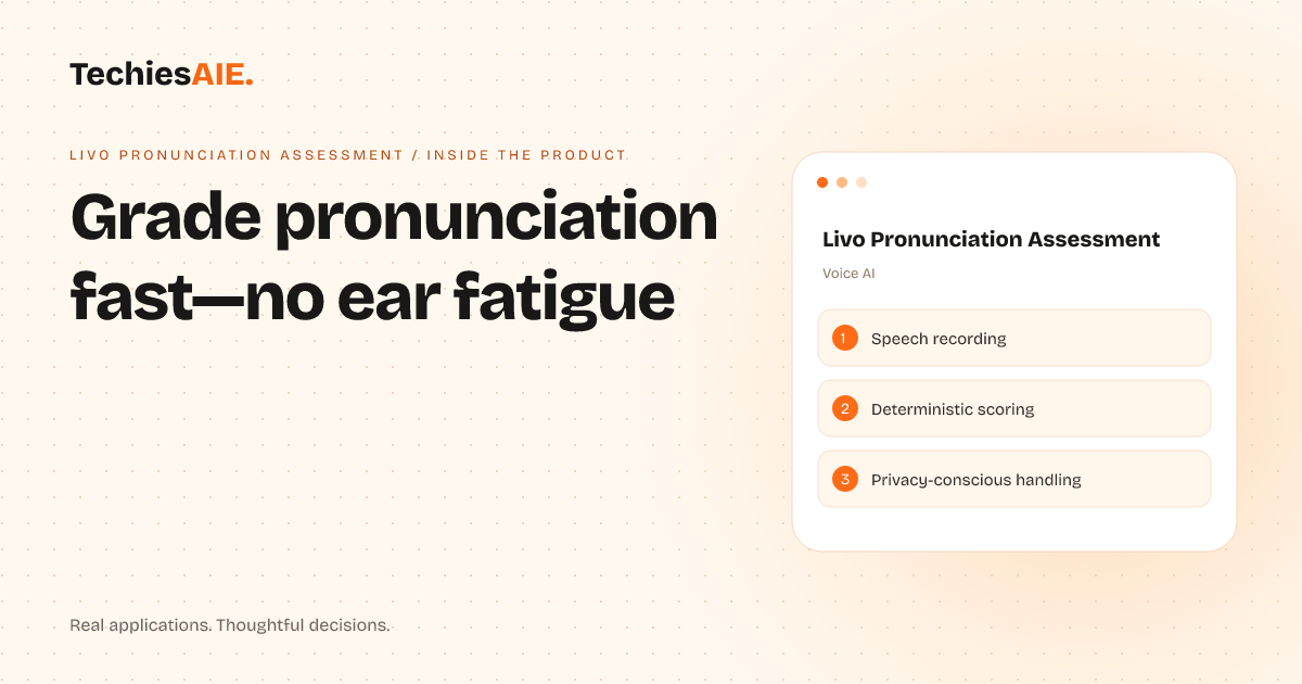 TechiesAIE Inside Livo Pronunciation Assessment: How to stop wasting hours on pronunciation grading. Concept illustration for Livo Pronunciation Assessment.