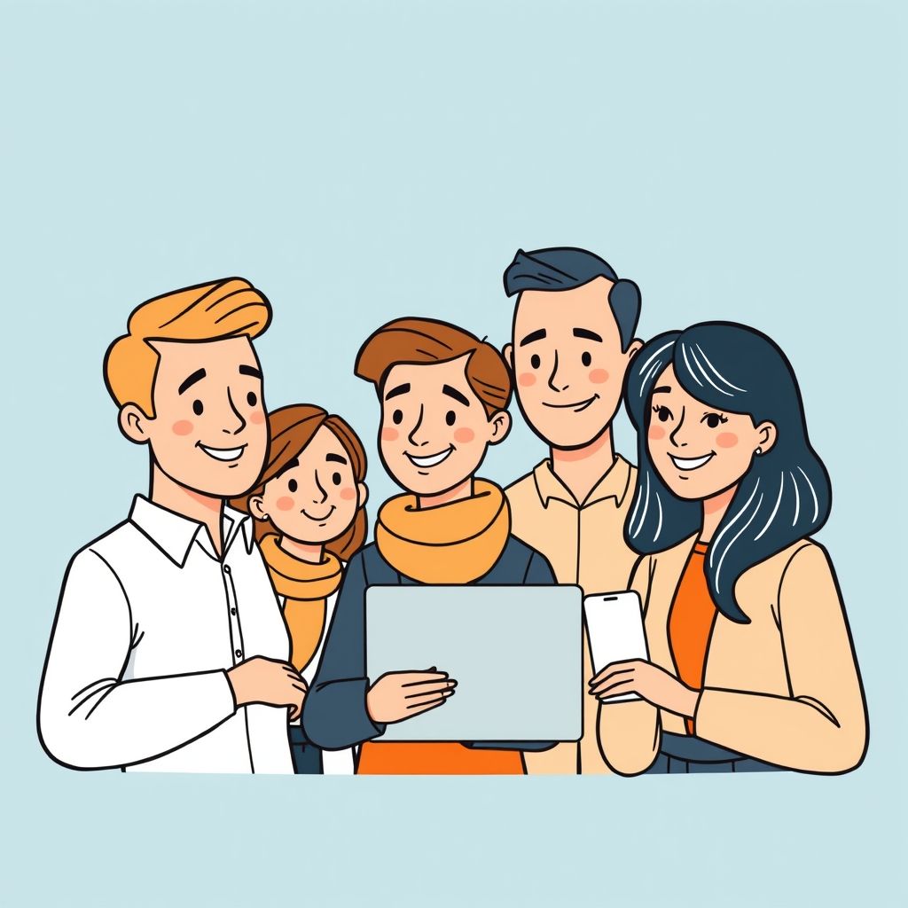 Cartoon illustration of people working together in a business setting