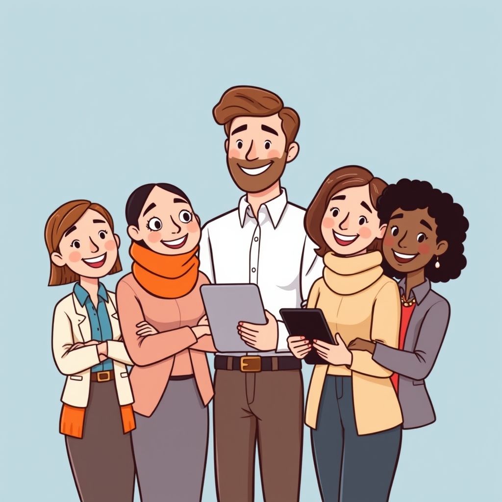 Cartoon illustration of people working together in a business setting