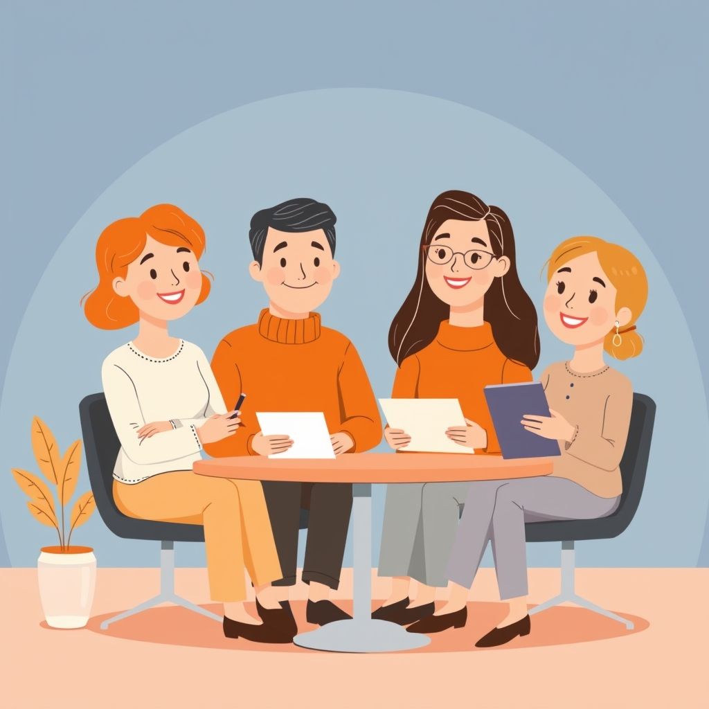 Cartoon illustration of people working together in a business setting