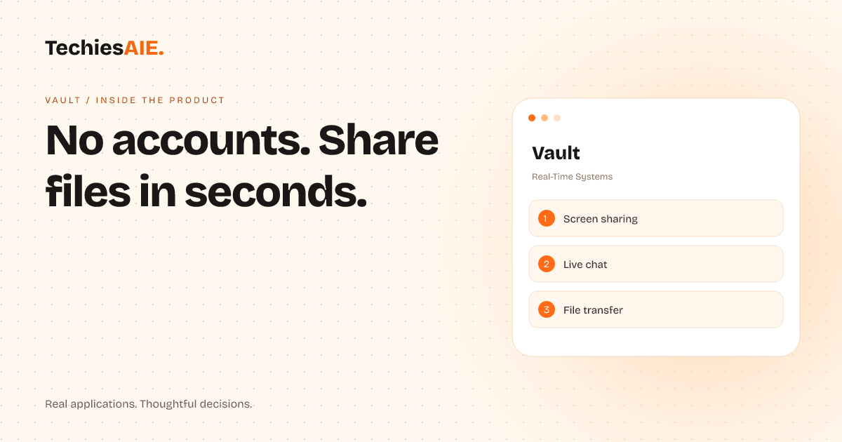 TechiesAIE Inside Vault: How to stop wasting time on file-sharing setup and missed feedback. Concept illustration for Vault.
