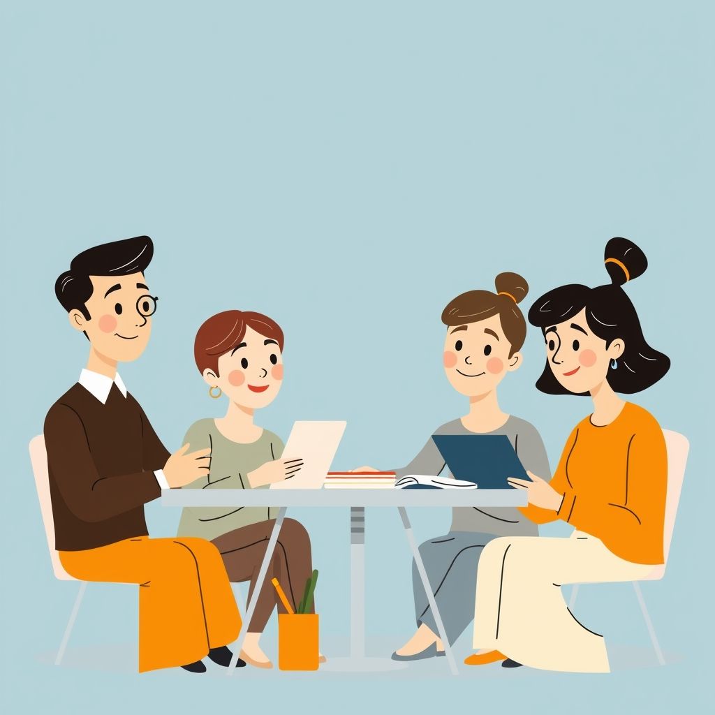 Cartoon illustration of people working together in a business setting