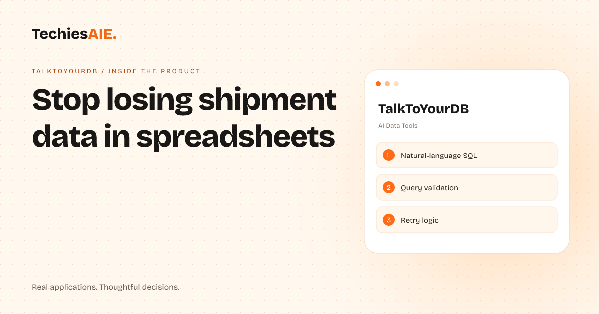 TechiesAIE Inside TalkToYourDB: How a logistics team stops chasing lost shipment data in spreadsheets. Concept illustration for TalkToYourDB.