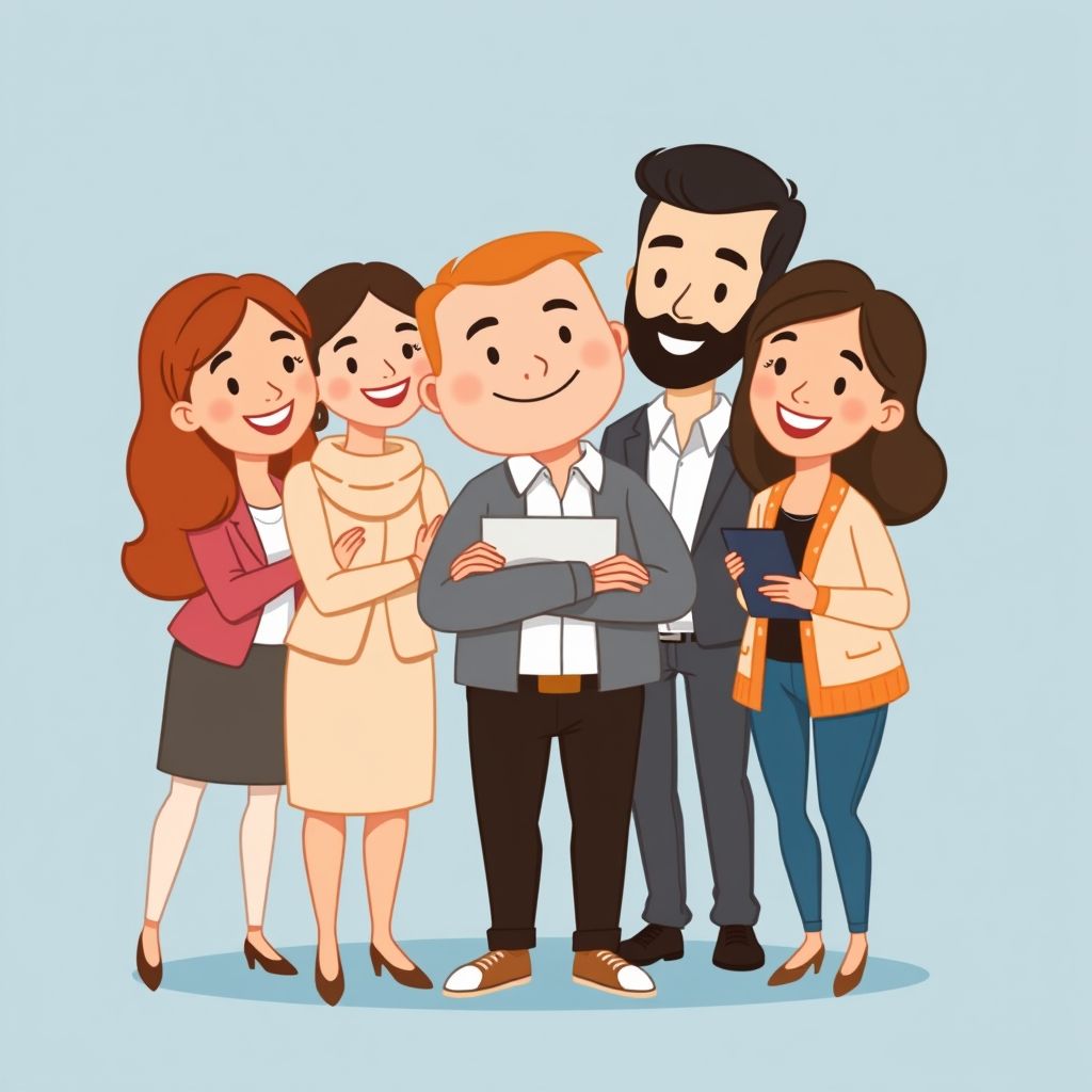 Cartoon illustration of people working together in a business setting