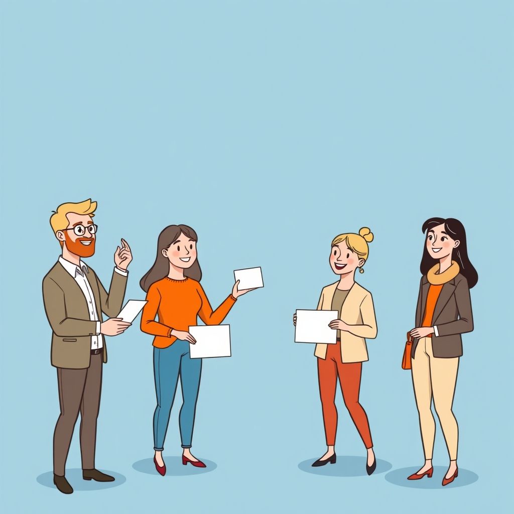 Cartoon illustration of people working together in a business setting