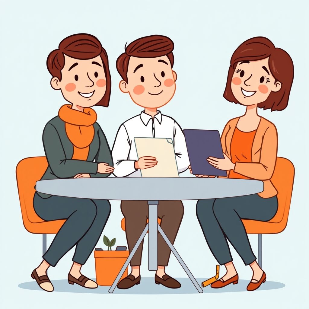 Cartoon illustration of people working together in a business setting