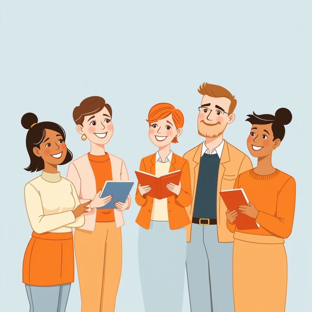 Cartoon illustration of people working together in a business setting