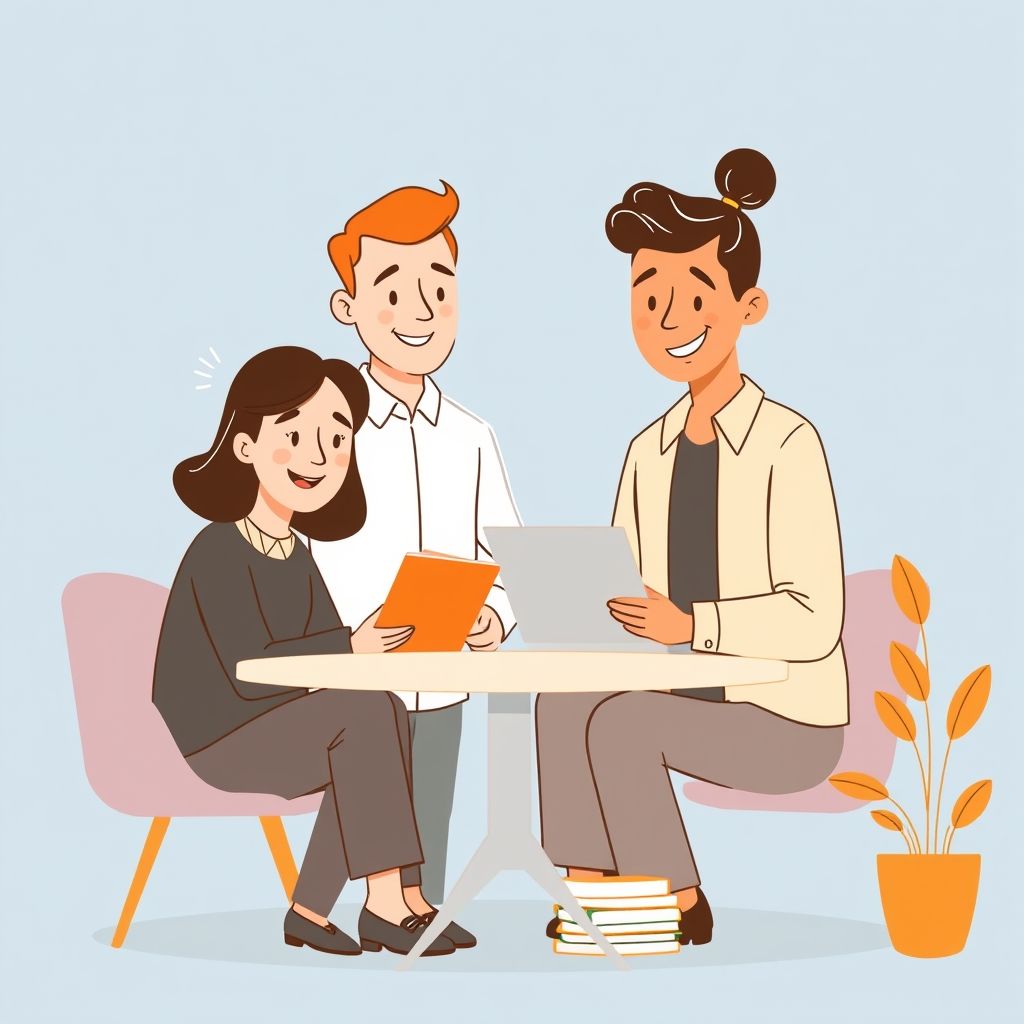 Cartoon illustration of people working together in a business setting