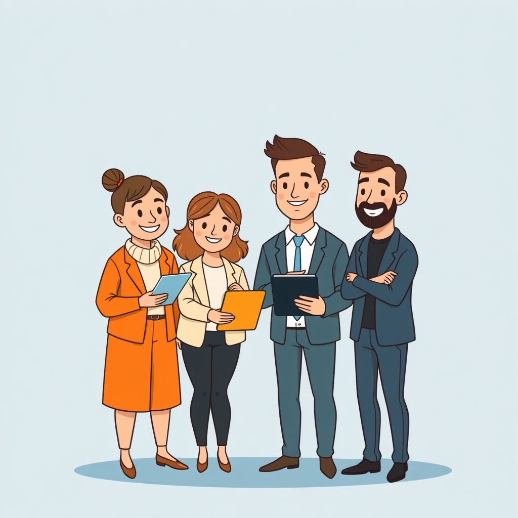 Cartoon illustration of people working together in a business setting