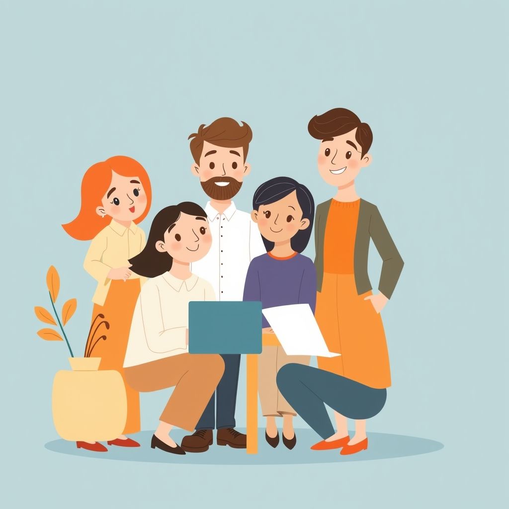 Cartoon illustration of people working together in a business setting