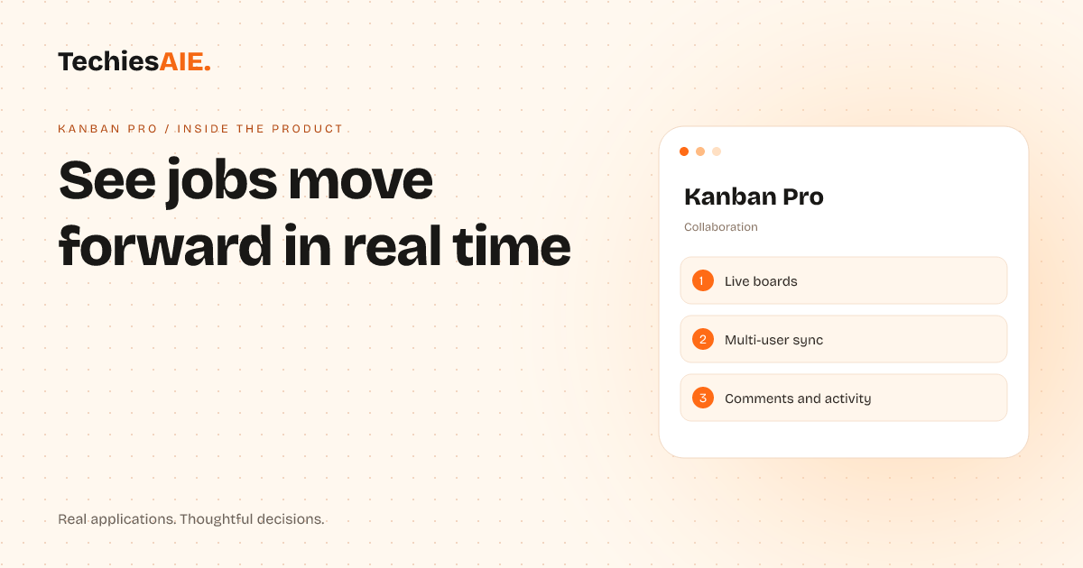 TechiesAIE Inside Kanban Pro: How a service team stopped chasing client jobs in scattered tools. Concept illustration for Kanban Pro.