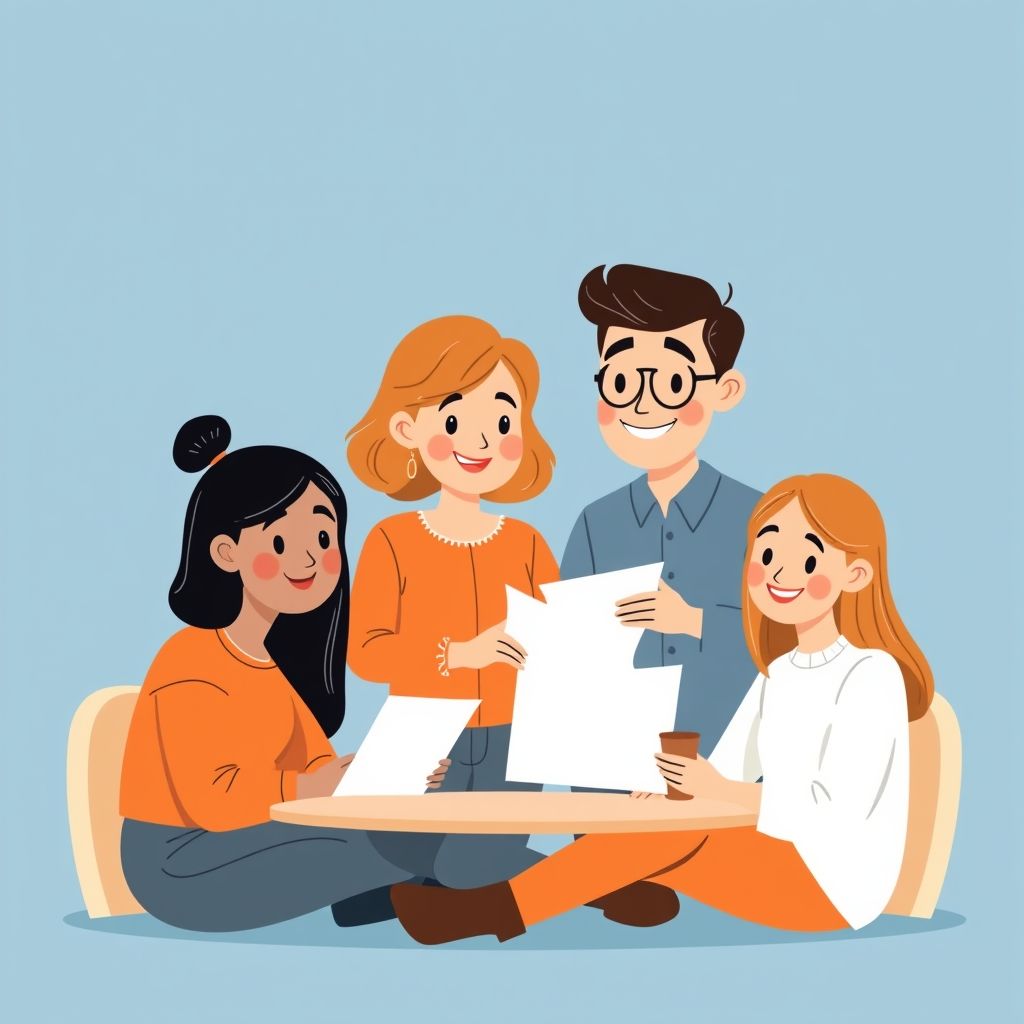 Cartoon illustration of people working together in a business setting