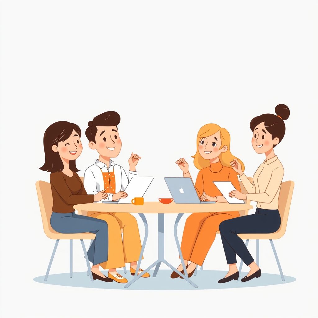 Cartoon illustration of people working together in a business setting