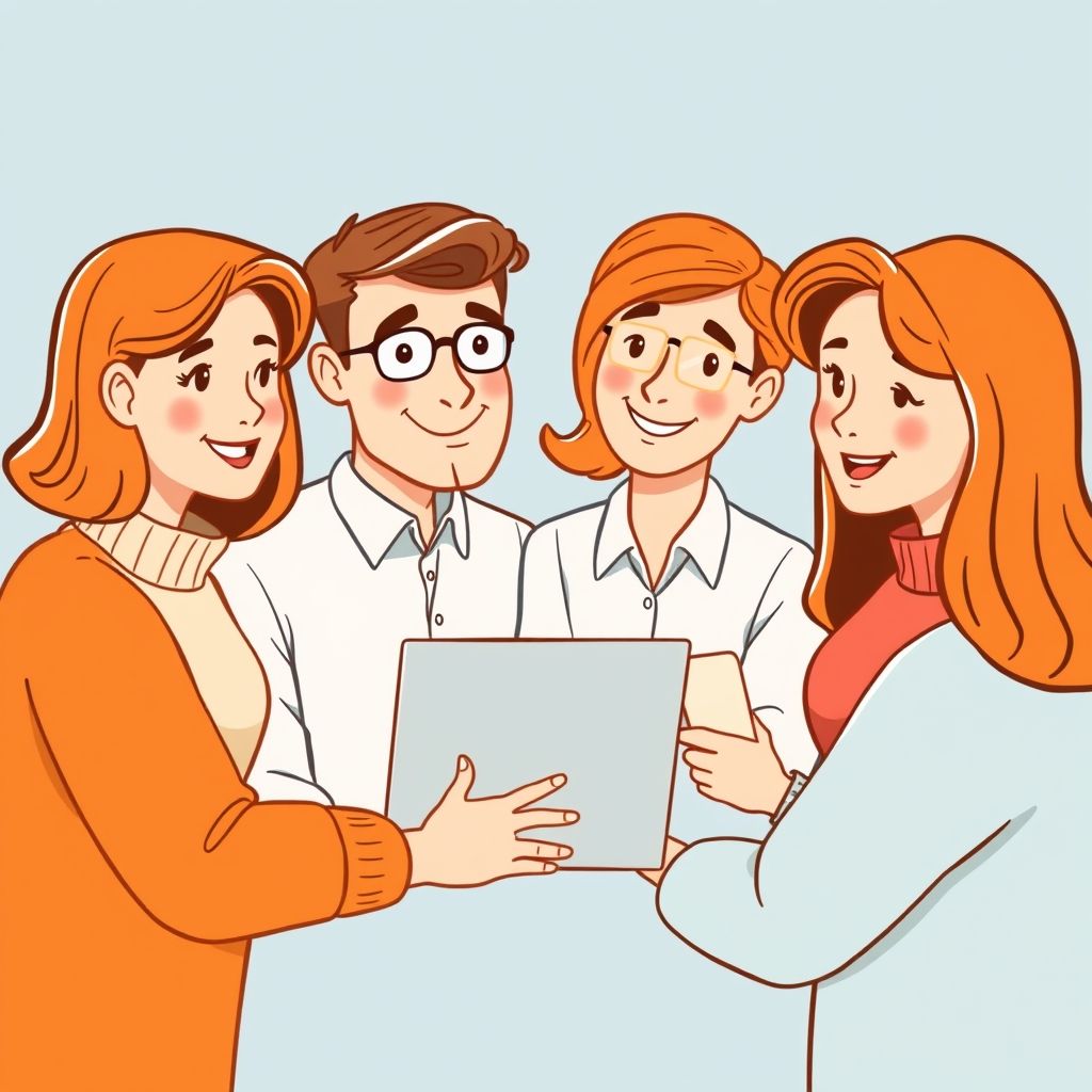 Cartoon illustration of people working together in a business setting